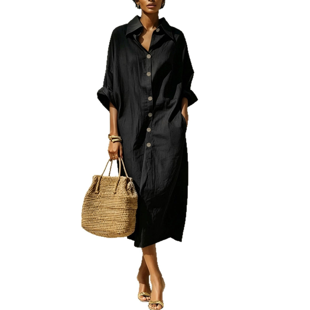 Women's Long Oversized Shirt Dress with Kent Collar and Continuous Button Placket Drune