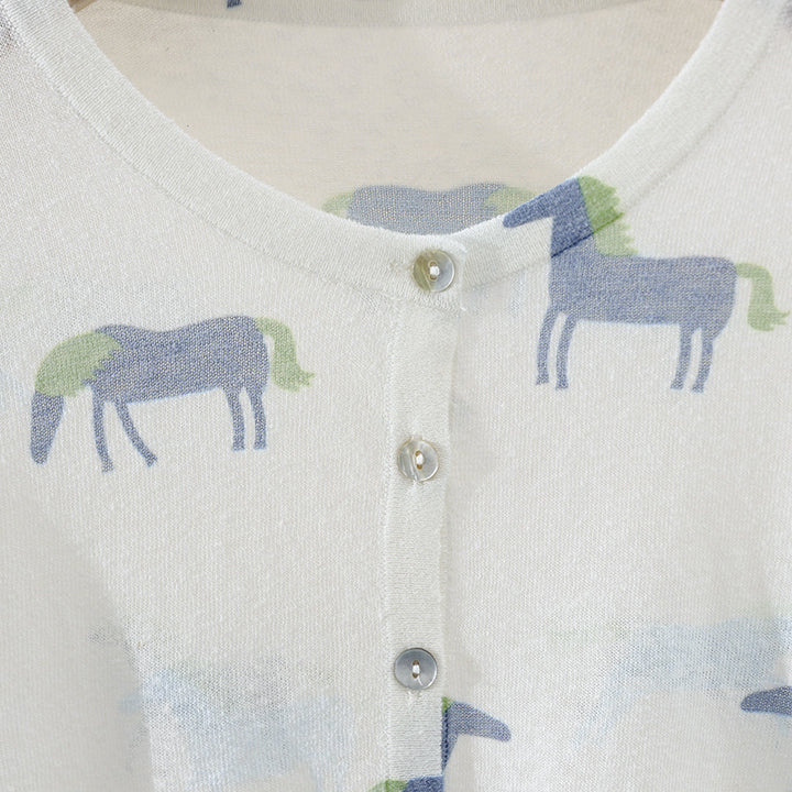 Women's finely knitted button cardigan with horse print and round neck Mune Fashion