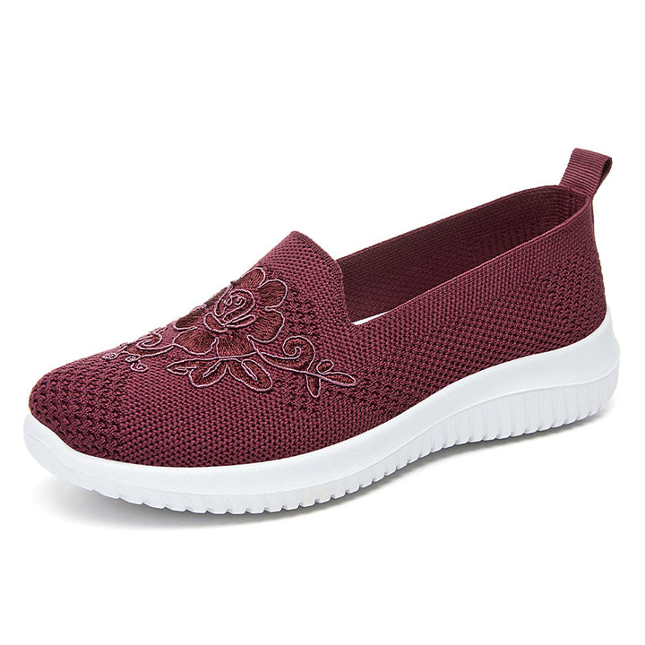 Women's elegant knitted slippers with floral embroidery, elastic entry, and feather-light EVA outsole Mune Fashion