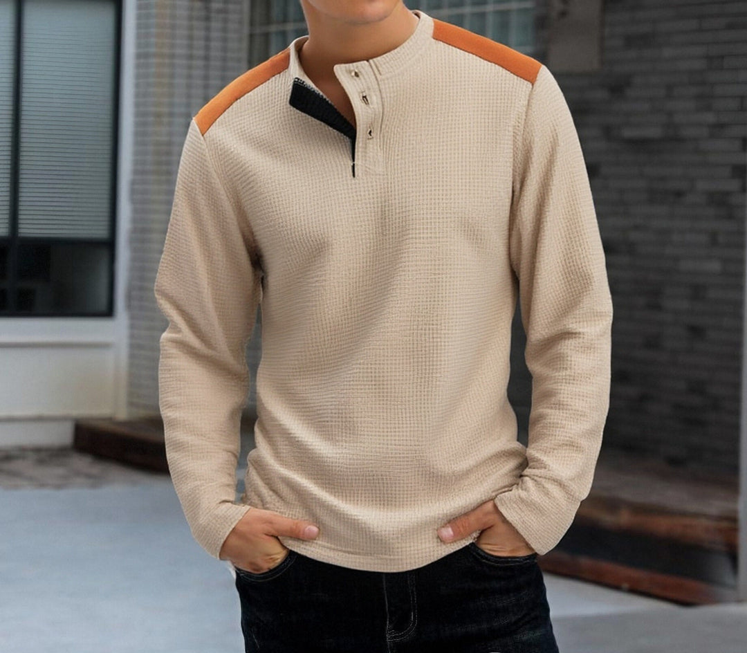 Men's structured Henley long-sleeve shirt with stand-up collar, shoulder piping, and waffle structure Mune Fashion