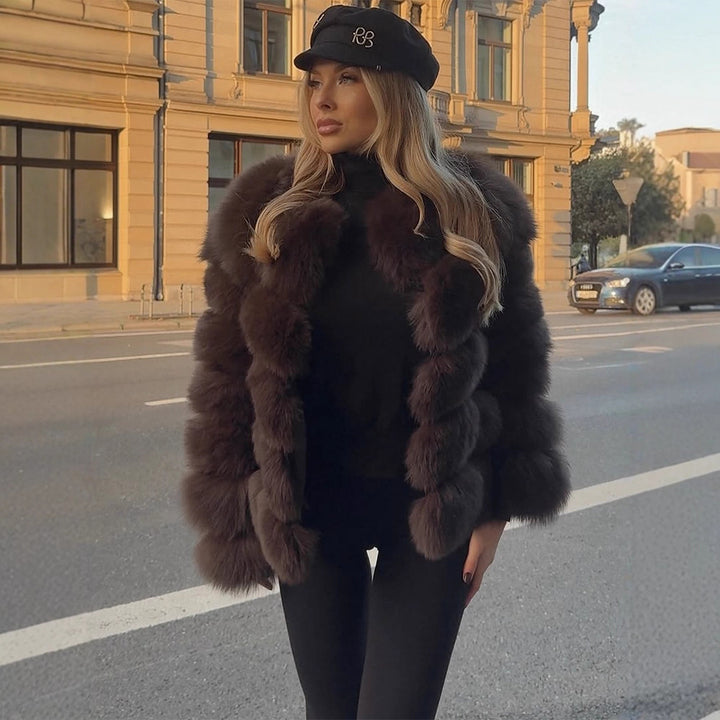 Women's Short Plush Boxy Faux Fur Blouson with Layered Volume Stripes Mune Fashion