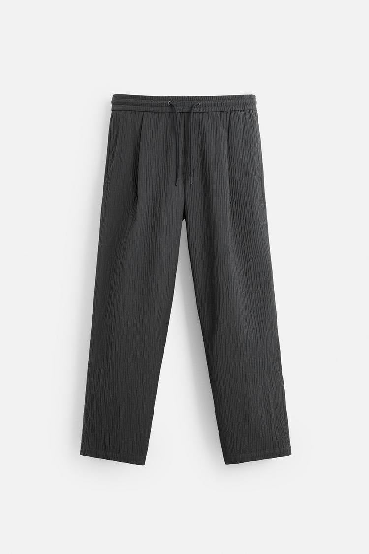 Men's Relaxed, Textured Crinkle Pants with Elastic Waistband and Drawstring Mune Fashion