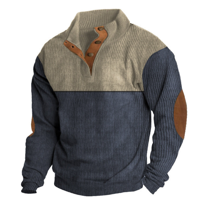 Men's structured rugby sweater with stand-up collar, button placket, and leather elbow patches Mune Fashion