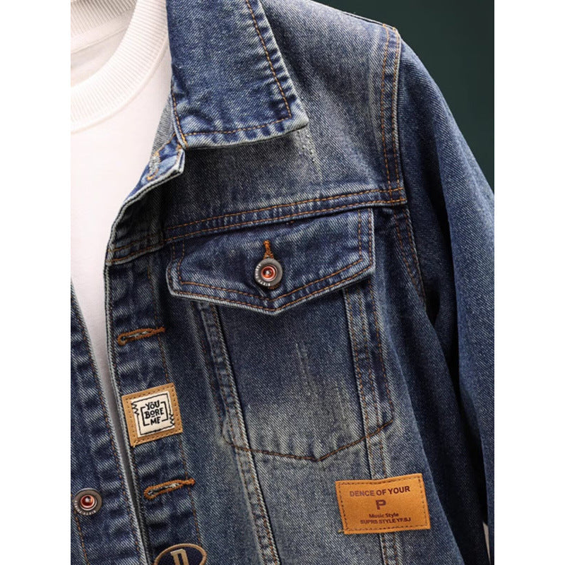 Men's Vintage Washed Denim Jacket with Brand Patches, Chest Flaps, and Straight Cut Mune Fashion