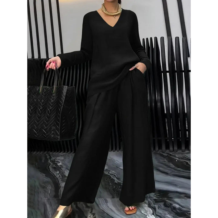 Women's Fine V-Neck Knit Sweater with Flowing Palazzo Pants Mune Fashion