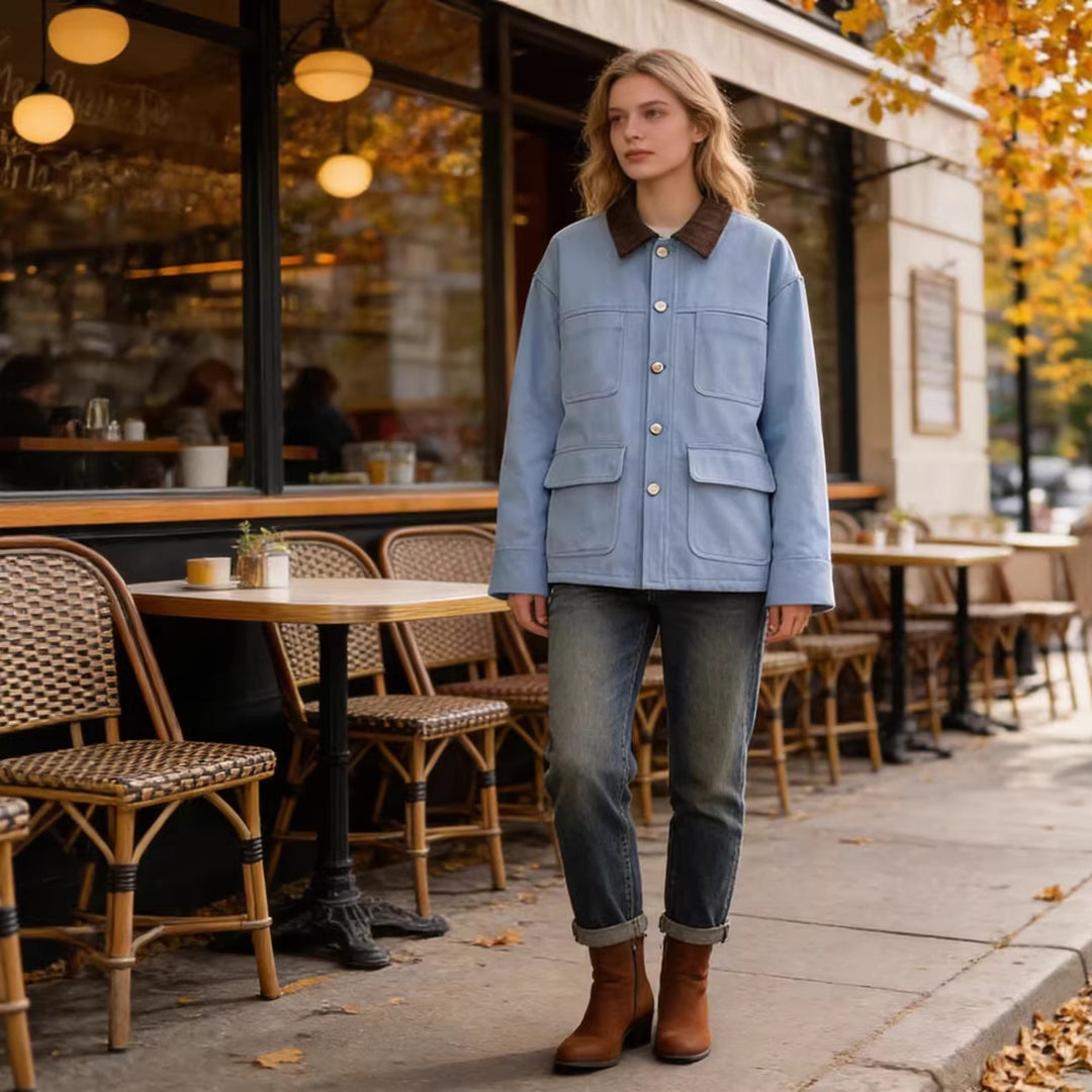 Women's Boxy Work Jacket with Cord Collar and Four Patch Pockets Mune Fashion