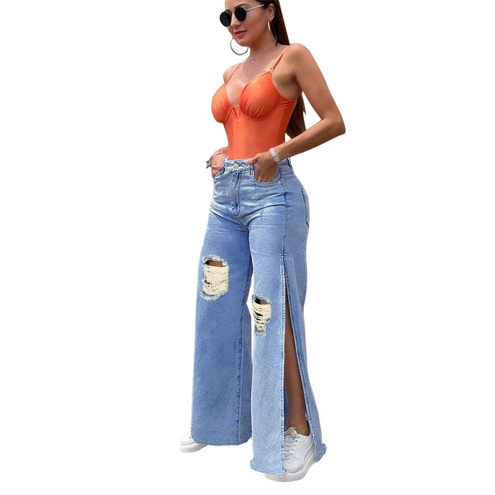 Ladies High-Waisted Wide-Leg Jeans with Knee Rips and Side Slits Mune Fashion