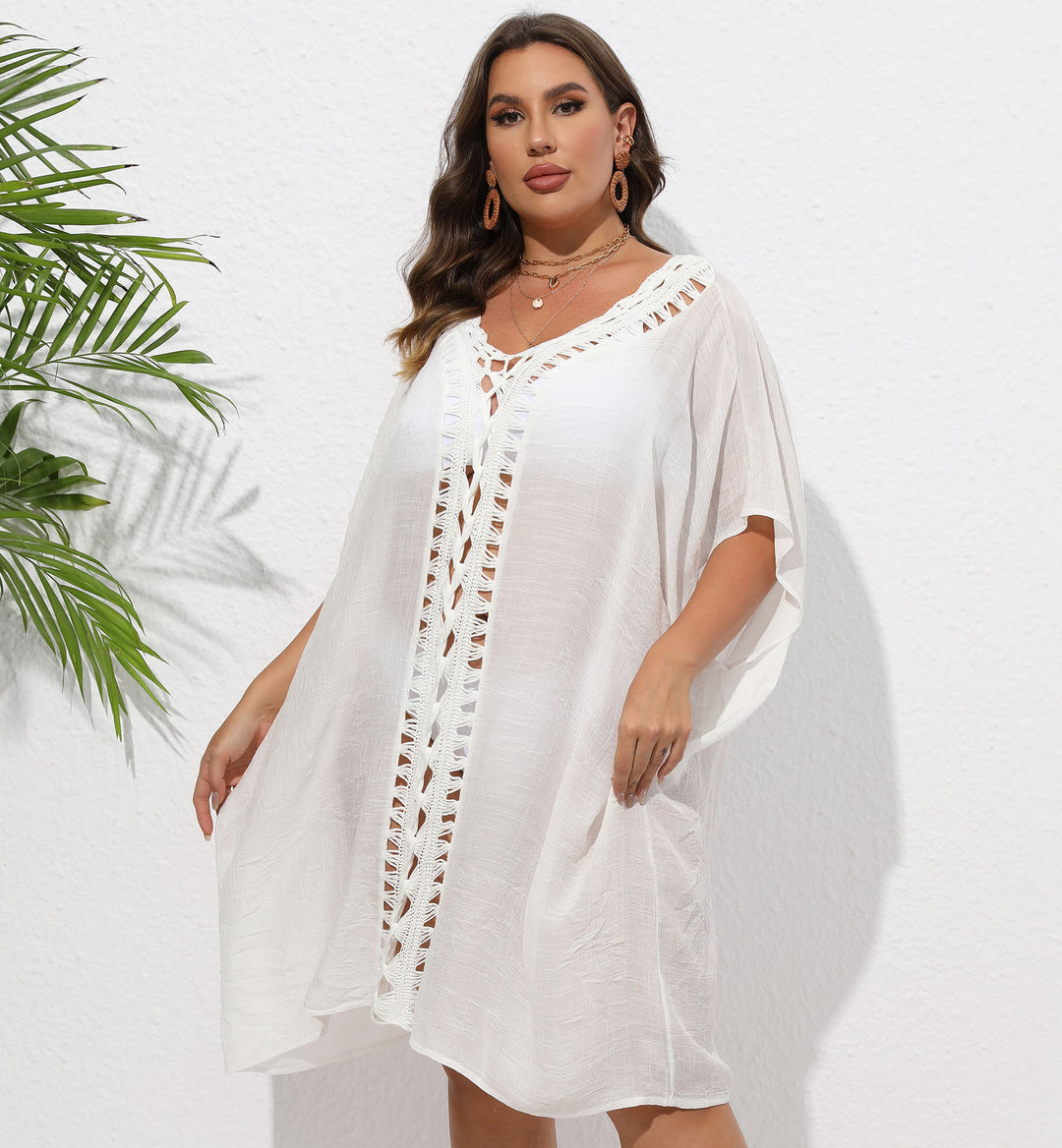 Women Airy Beach Kimono with Decorative Crochet Lace Mune Fashion