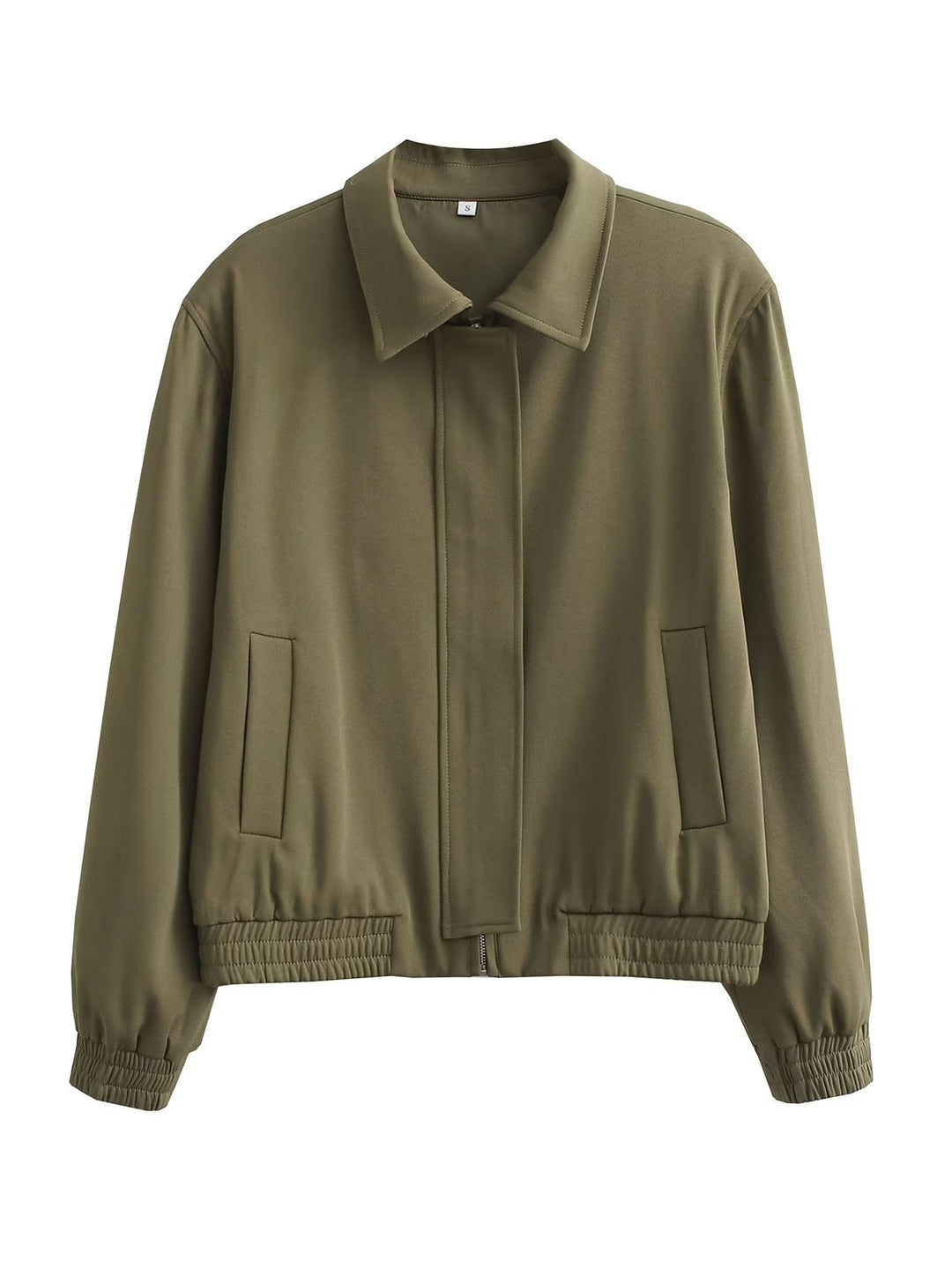 Women Minimalistic Harrington Bomber Jacket with Concealed Front Placket and Gathered Hem Mune Fashion