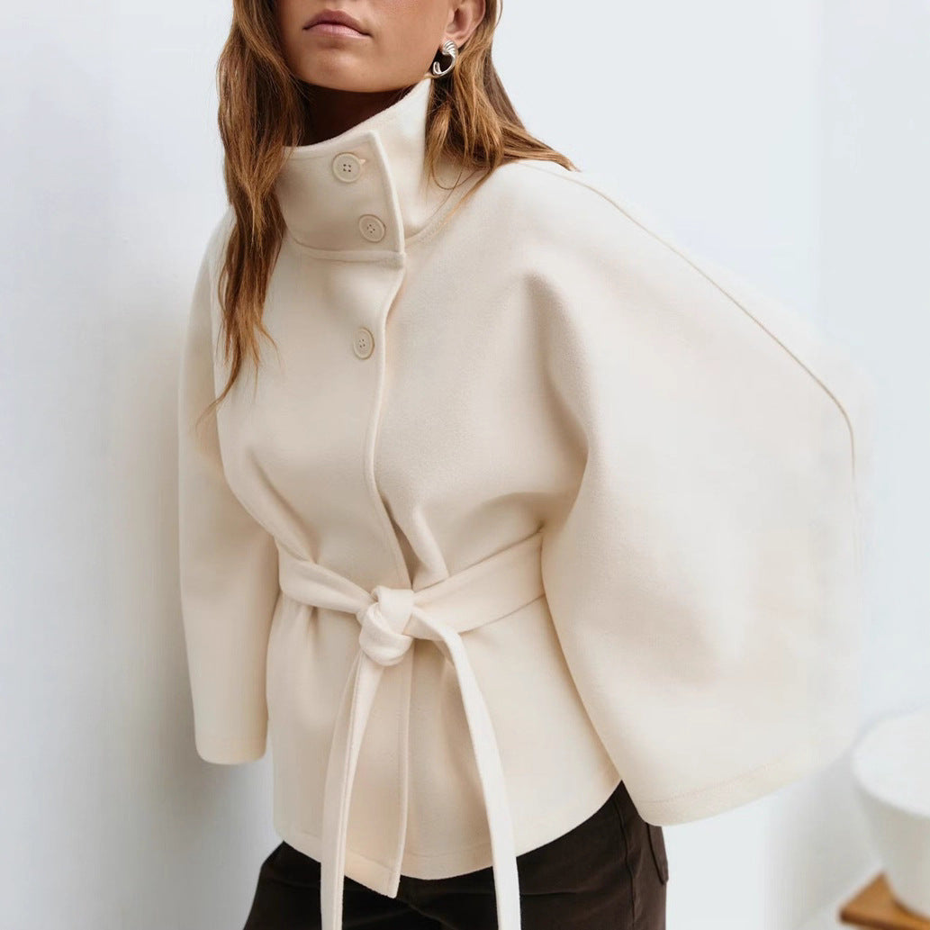 Women's oversized wool cape coat with stand-up collar and tie belt Mune Fashion