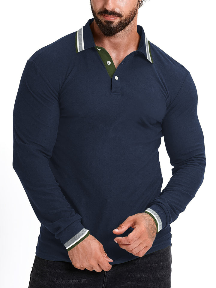 Men's Long Sleeve Polo Shirt with Contrast Collar and Ribbed Cuffs Mune Fashion