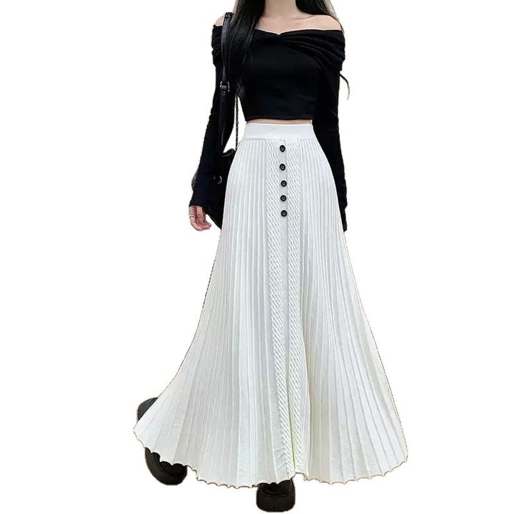 Ladies Elegant Pleated Maxi Skirt with Button Details Mune Fashion