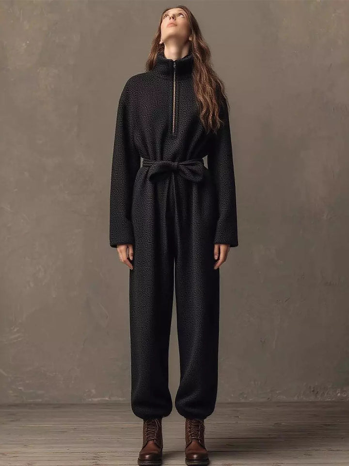 Women's Boucle Jumpsuit with Half Zipper, Waist Belt and Wide Leg Drune