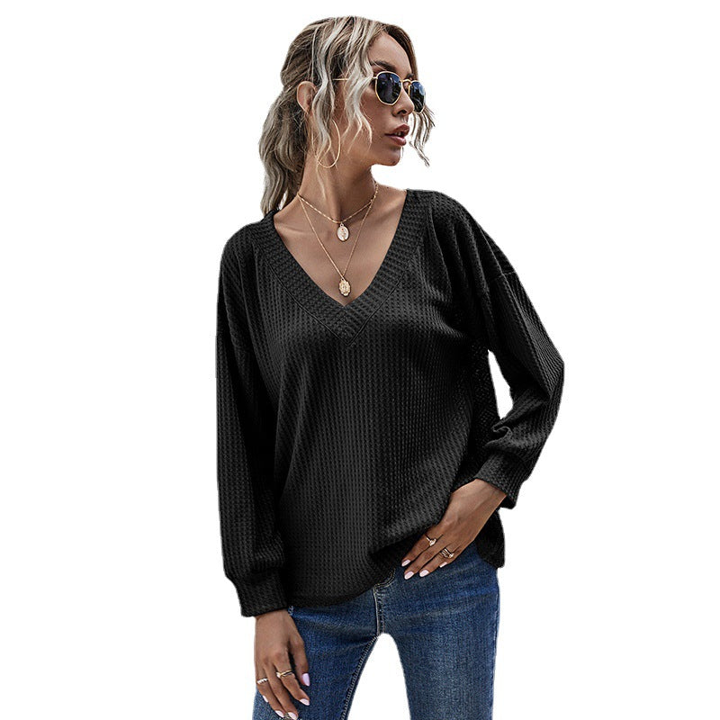 Women's Waffle Knit Long Sleeve with V-Neck and Dropped Shoulder Mune Fashion
