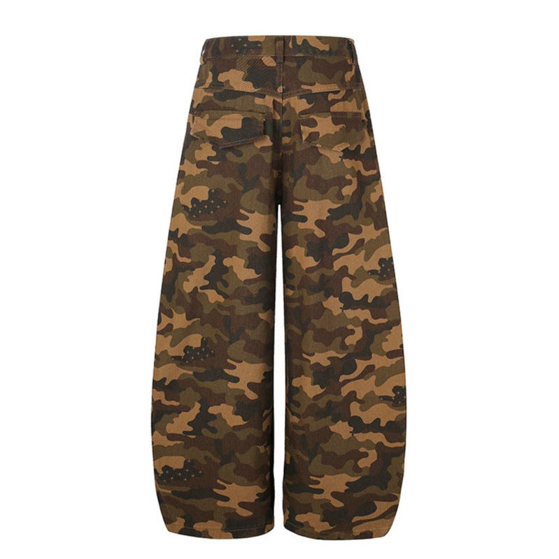 Women's Wide Camouflage Palazzo Pants with Balloon Hem and Studded Details Mune Fashion
