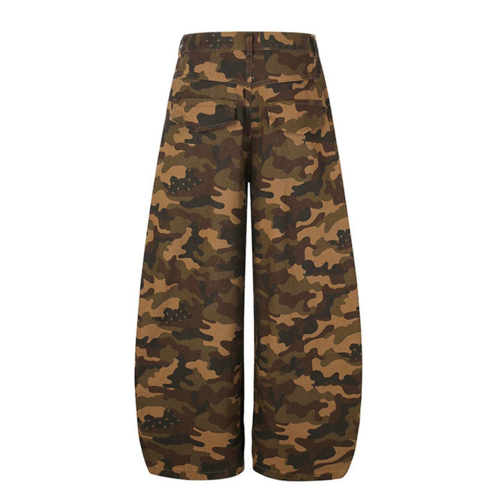 Women's Wide Camouflage Palazzo Pants with Balloon Hem and Studded Details Mune Fashion