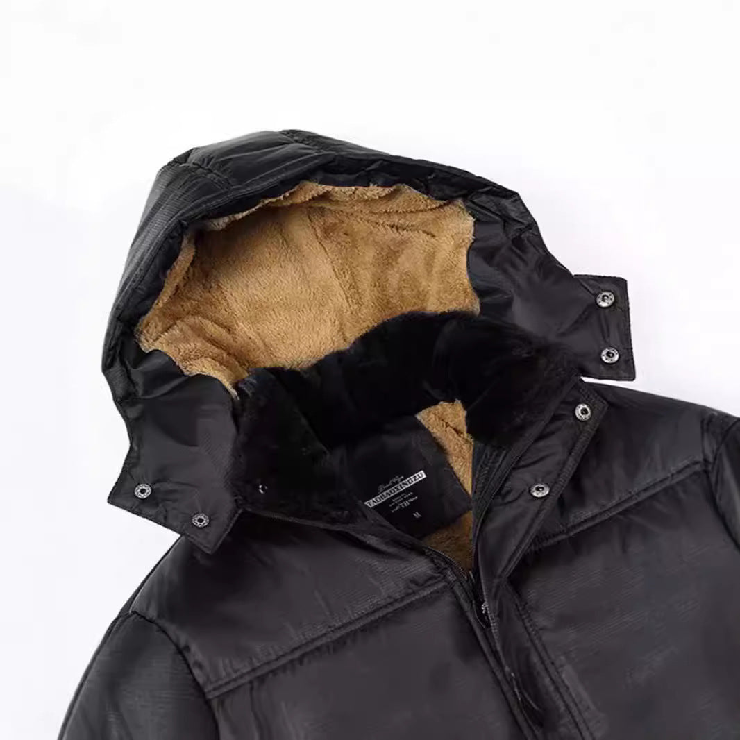 Men's Long Thermal Insulated Quilted Parka with Teddy Lining, Hood, and Flap Pockets