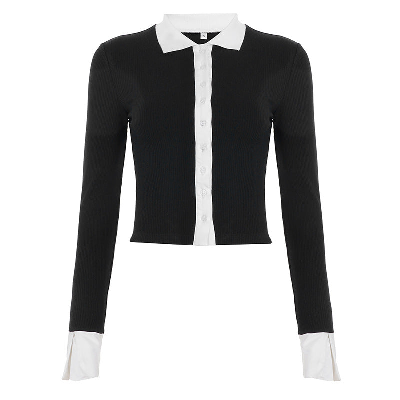 Women's tailored ribbed short cardigan with contrasting collar and extended cuffs Mune Fashion