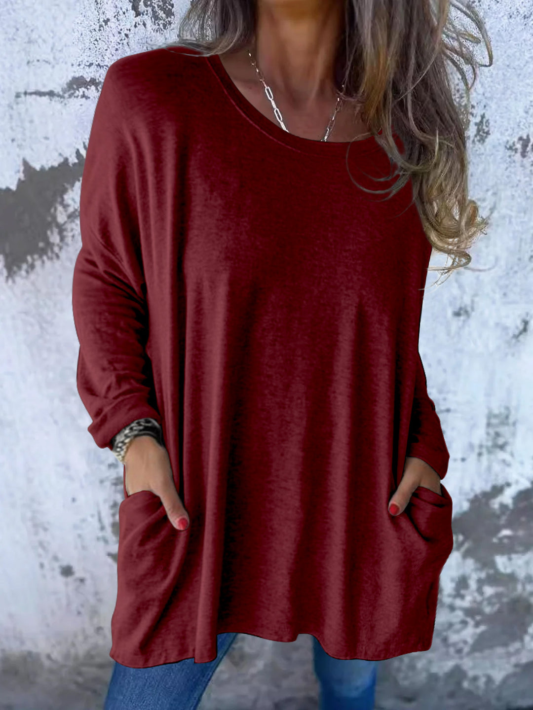 Ladies Soft Oversize Long Shirt with Round Neck, Casual Sleeves and Side Pockets Mune Fashion