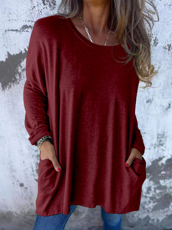 Ladies Soft Oversize Long Shirt with Round Neck, Casual Sleeves and Side Pockets Mune Fashion