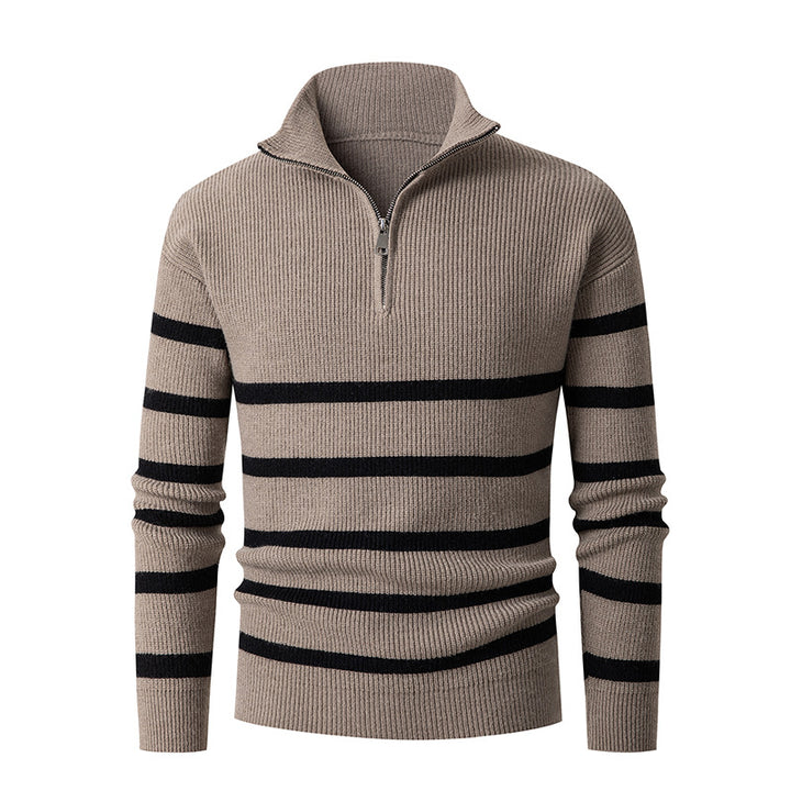 Men's Maritime Stripe Mockneck Pullover with Half Zip and Ribbed Fine Knit Mune Fashion