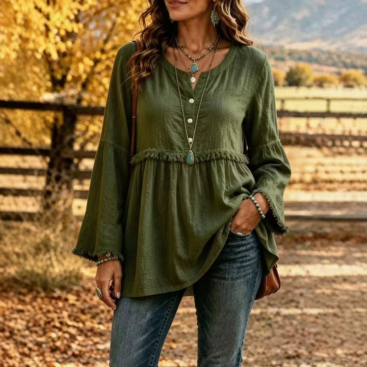Women's Fringe Tunic Blouse with V-Neck and Bell Sleeves Mune Fashion