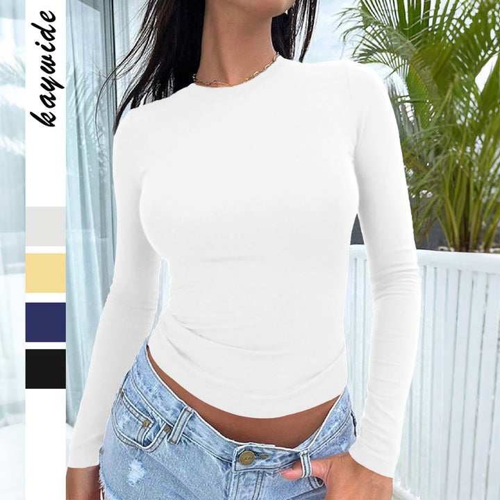 Women's fitted long sleeve basic top made of stretch jersey with a round neckline and tailored silhouette Mune Fashion