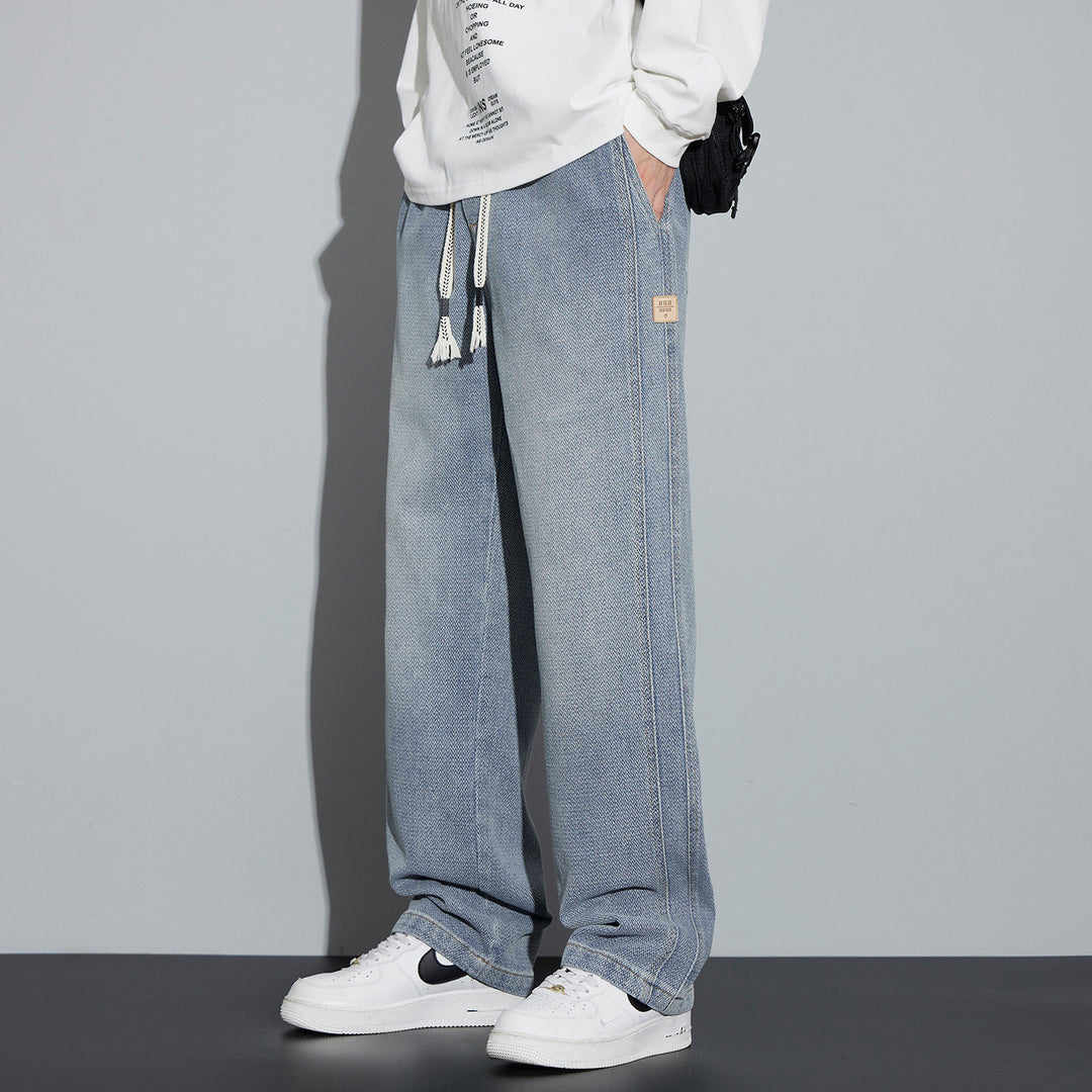 Men's Wide Denim Jogging Pants with Woven Drawstring and Herringbone Texture Mune Fashion