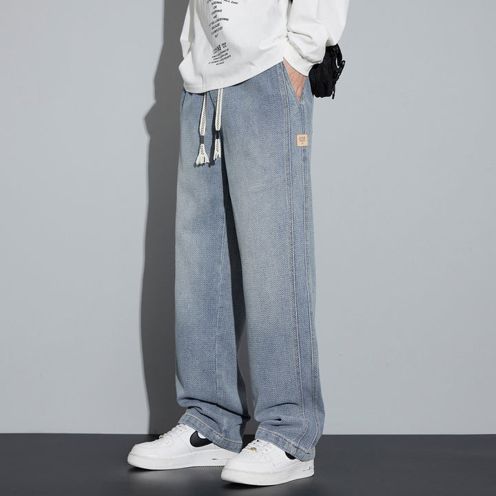 Men's Wide Denim Jogging Pants with Woven Drawstring and Herringbone Texture Mune Fashion