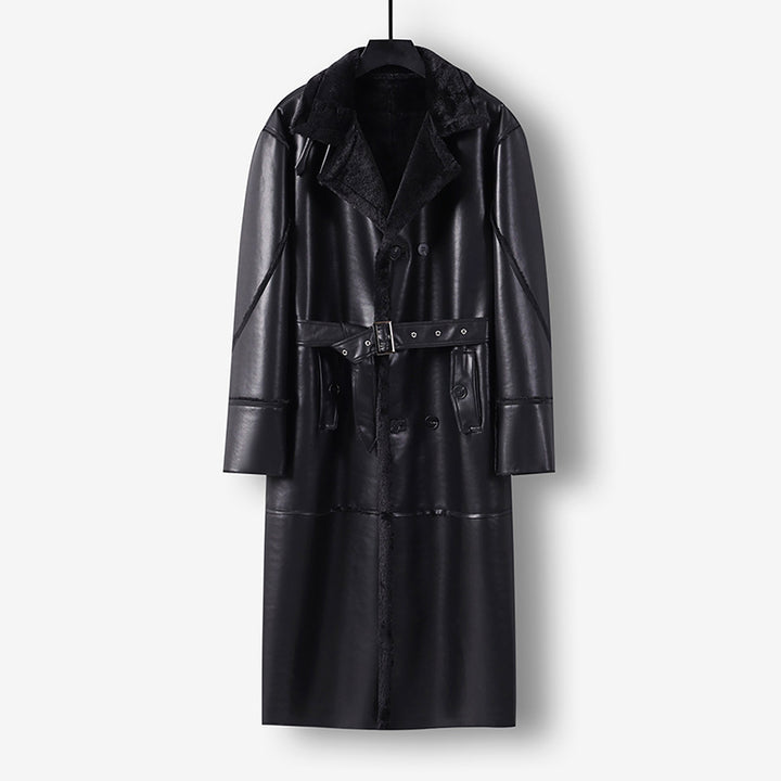 Men's Maxi Long Faux Leather Coat with Teddy Lining and Waist Belt Mune Fashion