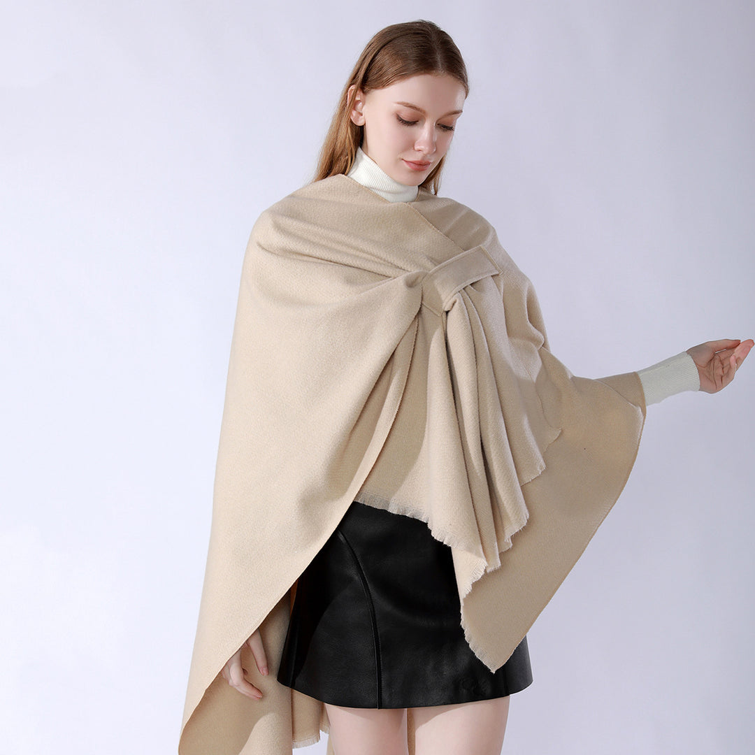 Women's lightweight wool blend wrap with fringes and tie belt Mune Fashion