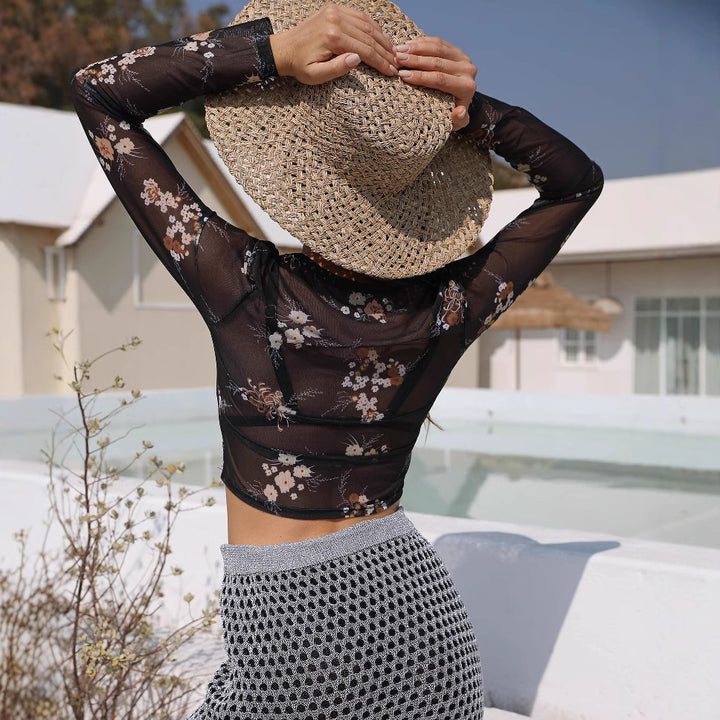 Ladies elegant light mesh top with floral pattern Mune Fashion