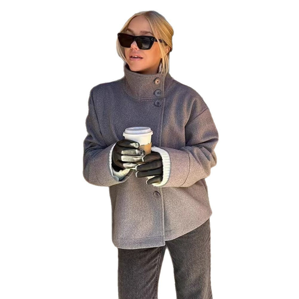 Women's short cut boxy jacket with stand-up collar and asymmetrical button placket Mune Fashion