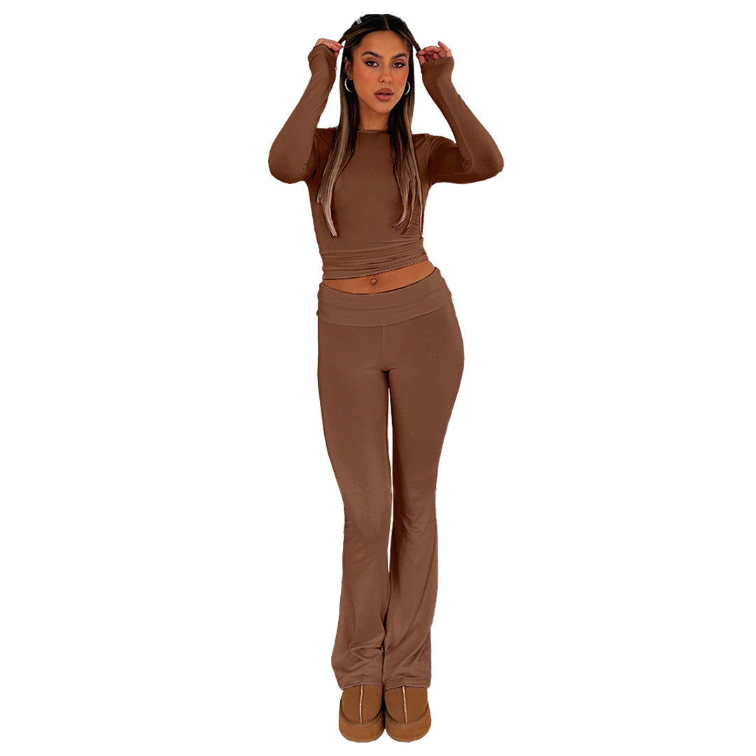 Women’s Stretch Lounge Set with cropped long sleeve top and flared high-waisted pants Mune Fashion