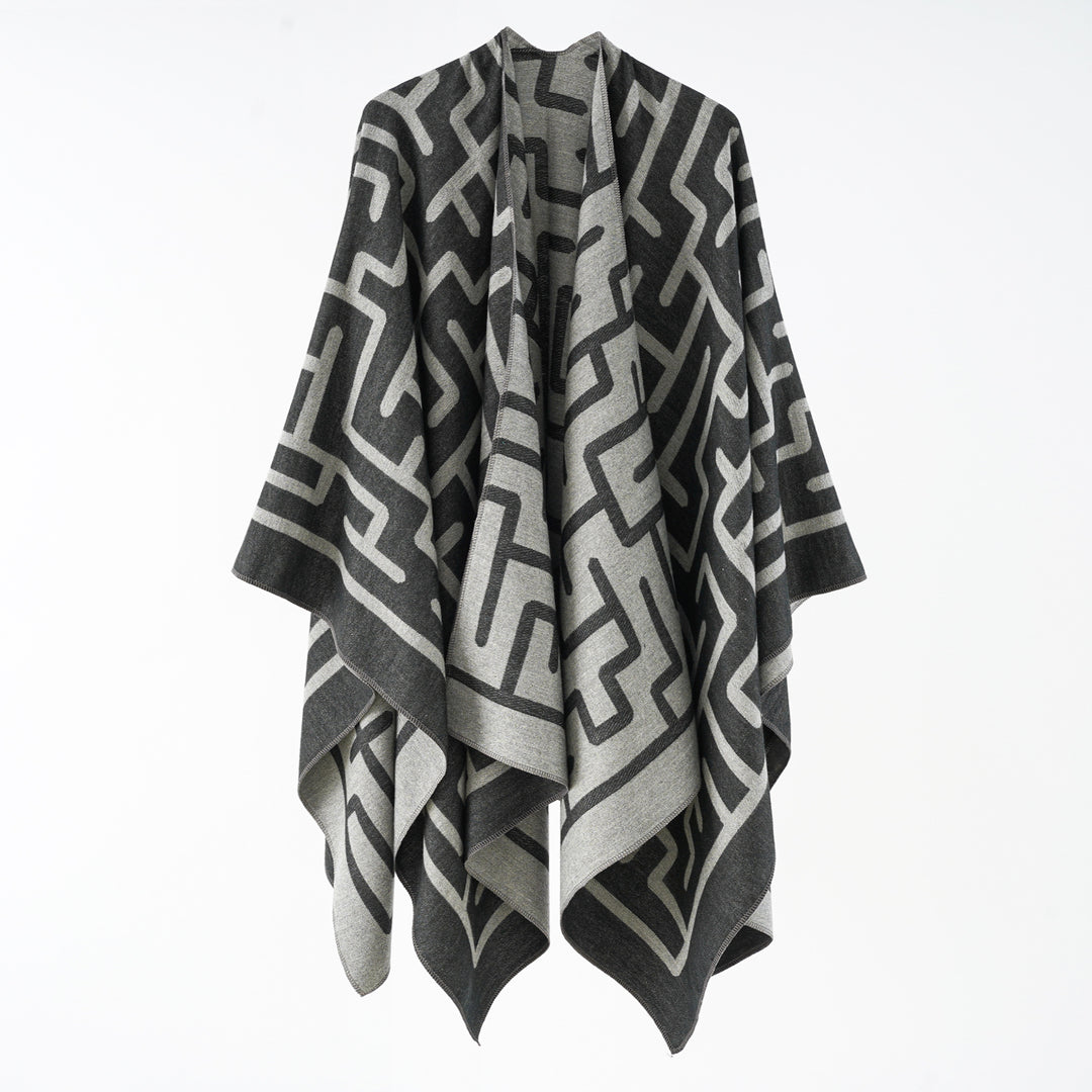 Women's Reversible Jacquard Cape Poncho in Oversize with Graphic Allover Pattern Mune Fashion