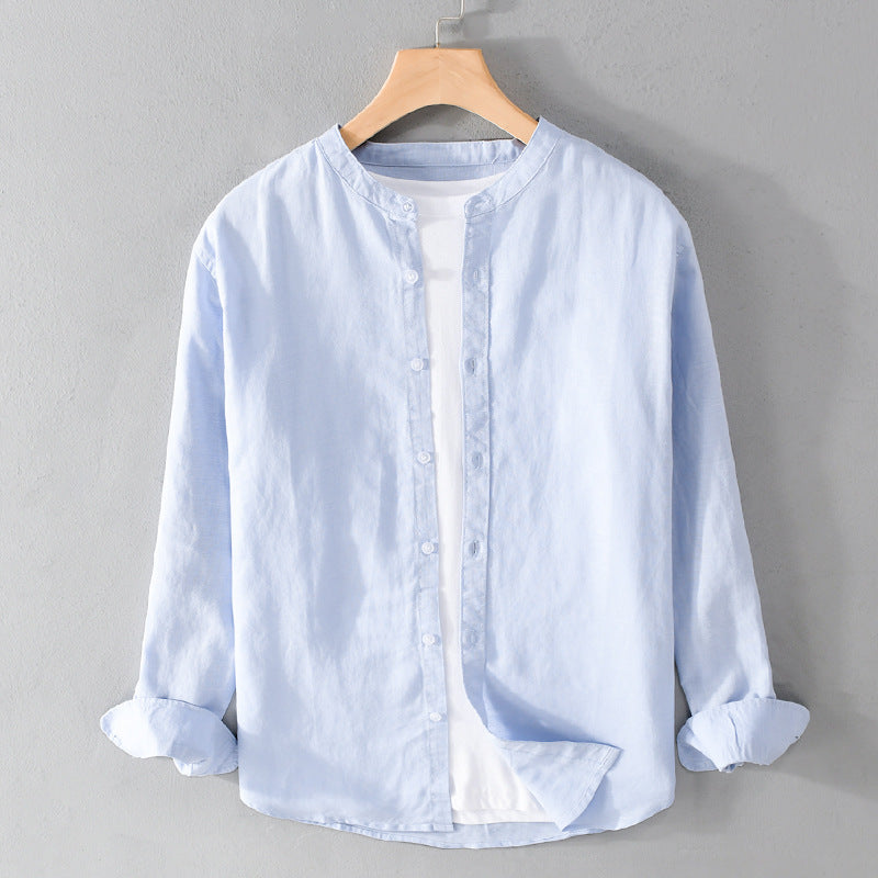 Men's Lightweight Linen Blend Stand Collar Shirt in Relaxed Fit with Full Button Placket Mune Fashion