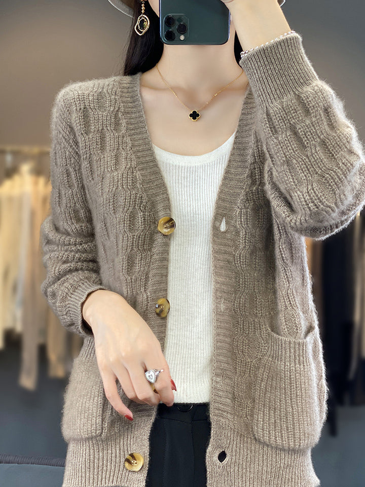 Women's Soft Angora-Look Cable Knit Cardigan with V-Neck and Patch Pockets Mune Fashion