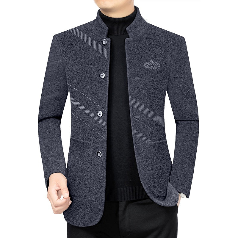 Men's Short Coat with Stand-up Collar Made of Wool Blend and Diagonal Texture Design Mune Fashion