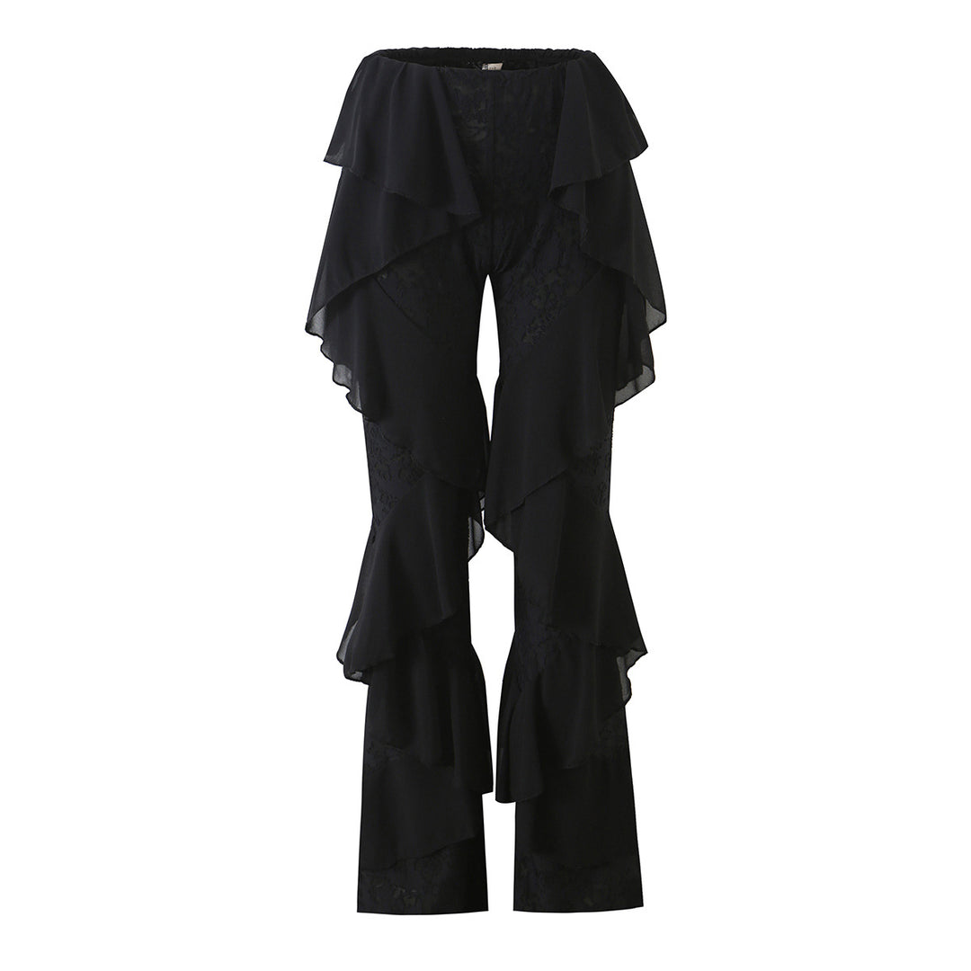 Ladies ruffle pants with lace, flared bell and layered chiffon ruffles Mune Fashion