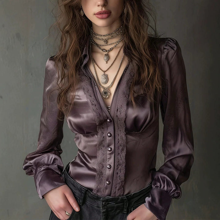 Women Tailored Satin Blouse with Lace Yoke, Button Placket and Puff Sleeves Mune Fashion