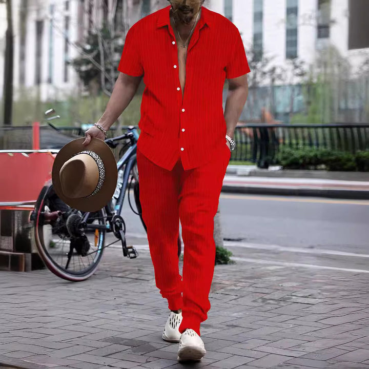 Men's short-sleeve structured relax set made of fine ribbed knit with open shirt collar and tapered chino pants Mune Fashion