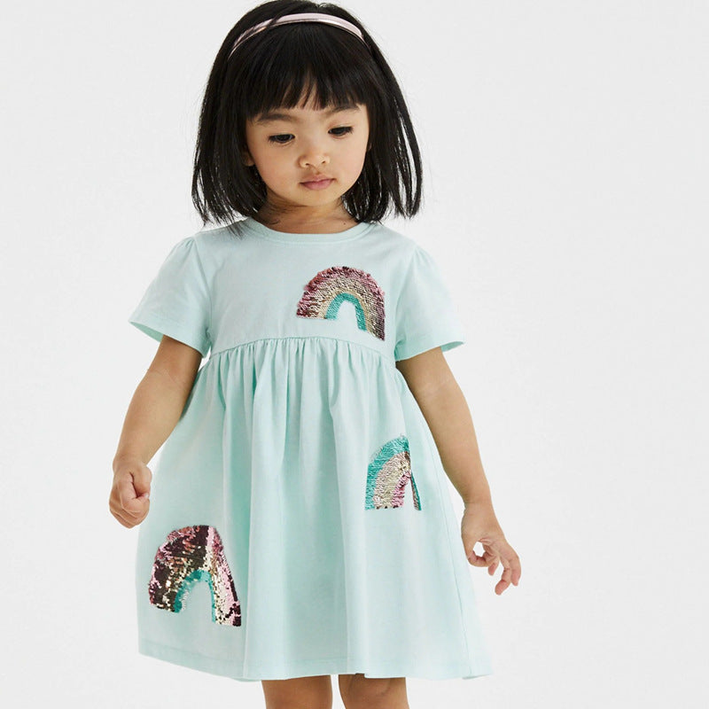 Girls Short Sleeve T-Shirt Dress with Colorful Glitter Rainbow Design Mune Fashion