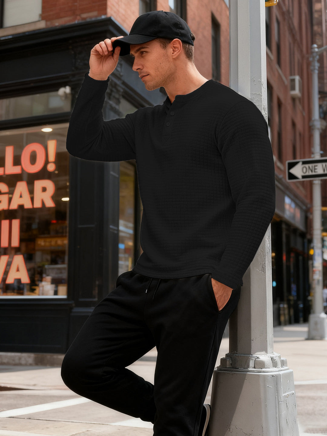 Men's structured Henley long sleeve shirt made of waffle knit with stand-up collar and narrow silhouette Mune Fashion