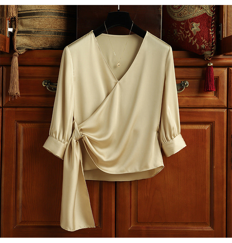 Women Elegant Wrap Blouse with Waistband Mune Fashion