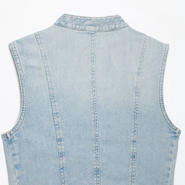 Women's jeans vest in military look with stand-up collar and decorative press stud placket Mune Fashion