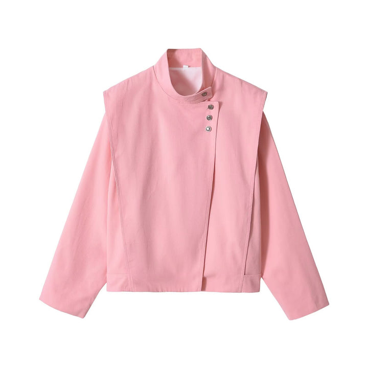 Women's Asymmetric Short Jacket with Stand-Up Collar and Overlapping Shoulder Yoke Mune Fashion