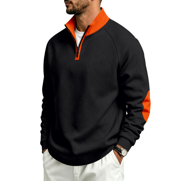 Men's Half-Zip Pullover with Stand Collar and Elbow Patches Mune Fashion