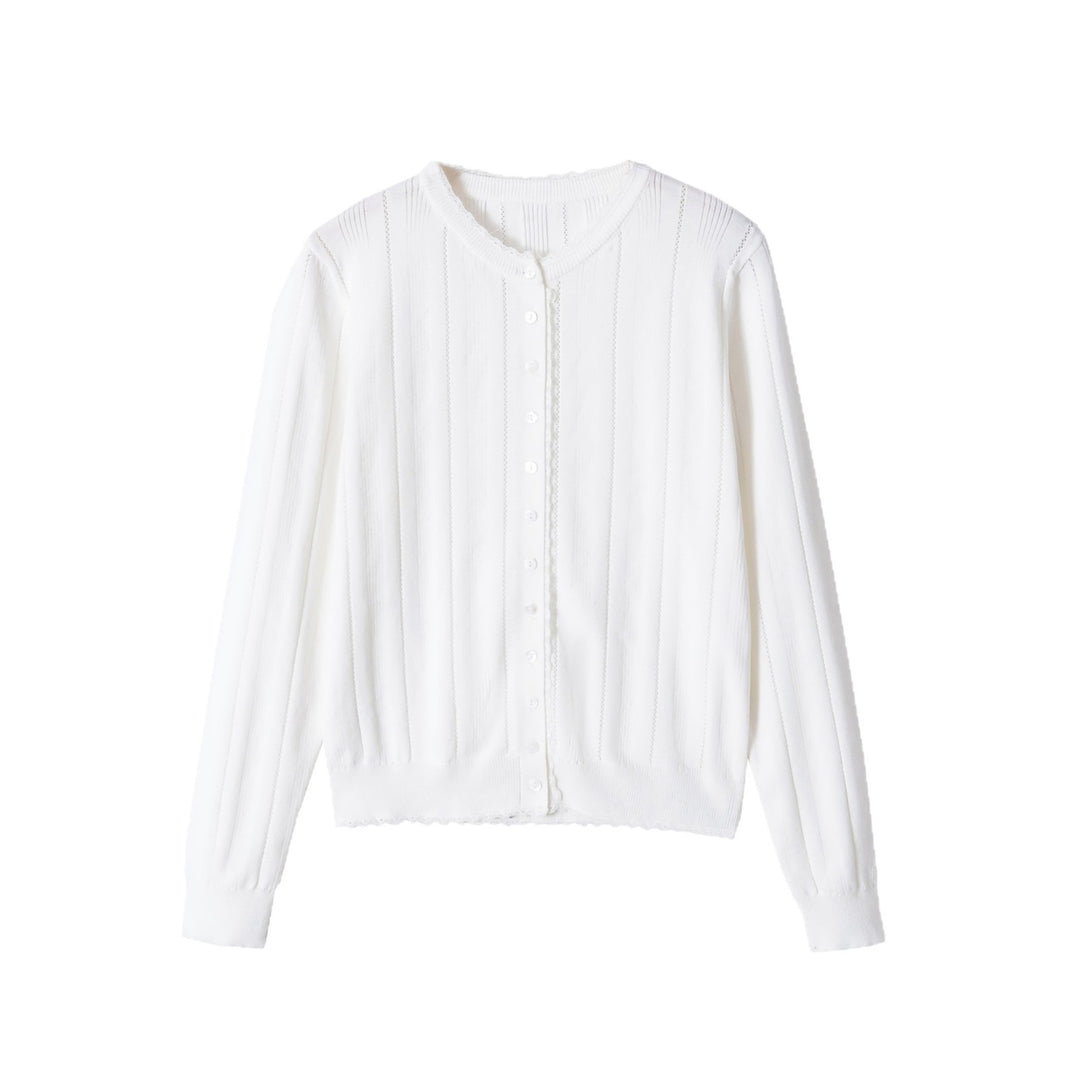 Women Cropped Fine Knit Cardigan with Hole Stripes, Round Neck and Decorative Button Placket Mune Fashion