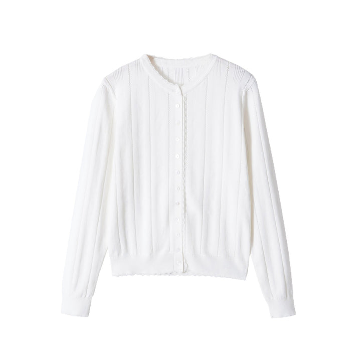 Women Cropped Fine Knit Cardigan with Hole Stripes, Round Neck and Decorative Button Placket Mune Fashion