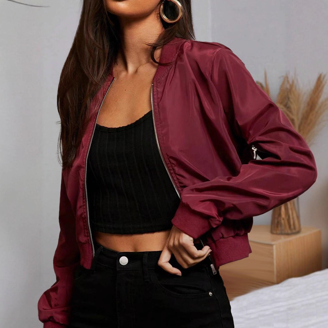 Women's Cropped Satin-Look Bomber Jacket with Arm Pocket and Elastic Hem Drune